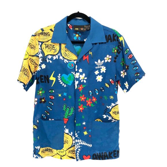 Adidas Pharrell Williams Doodle Shirt Mens M Button Up Floral Blue Camp RARE - Picture 2 of 8